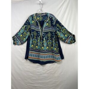 Sami & Jo Blouse Womens XL Navy Blue Paisley Pleated Back Roll Tab Sleeve Tunic